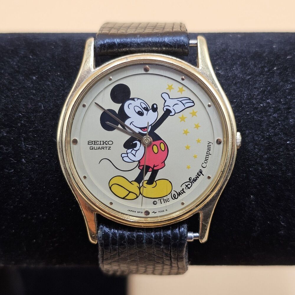 Seiko Unisex 5P31-7022 Dress Mickey Mouse Black Leather Quartz Analog Watch